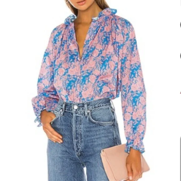 NWOT Anthropologie Cynthia Rowley Floral Waterfall Bohemian Peasant Blouse Top L - Picture 2 of 7